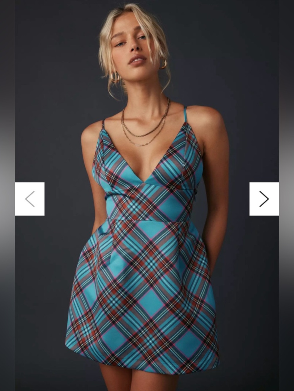 NWOT Kimchi Blue Turquoise Plaid Spaghetti-Strap Mini Dress
